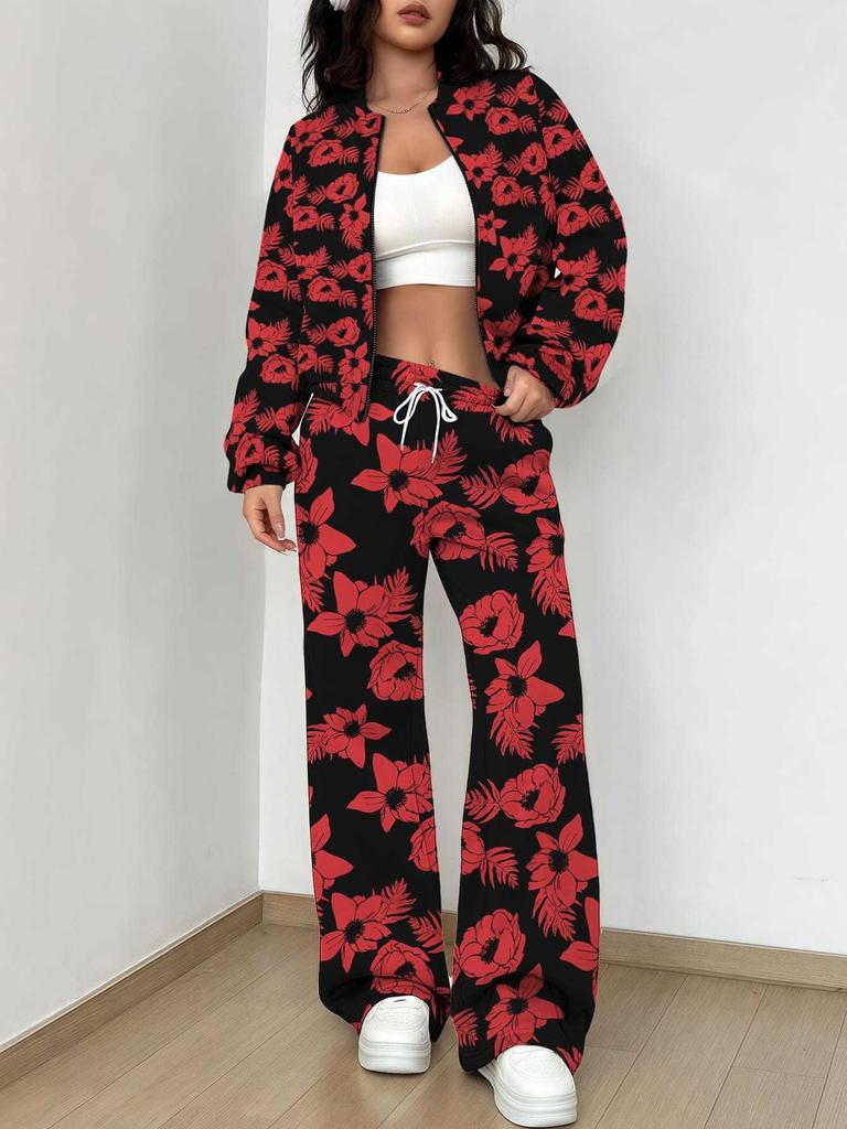 Small Fresh Flowers Autumn and Winter New European and American Women's Clothing Fruit Printing Set Women