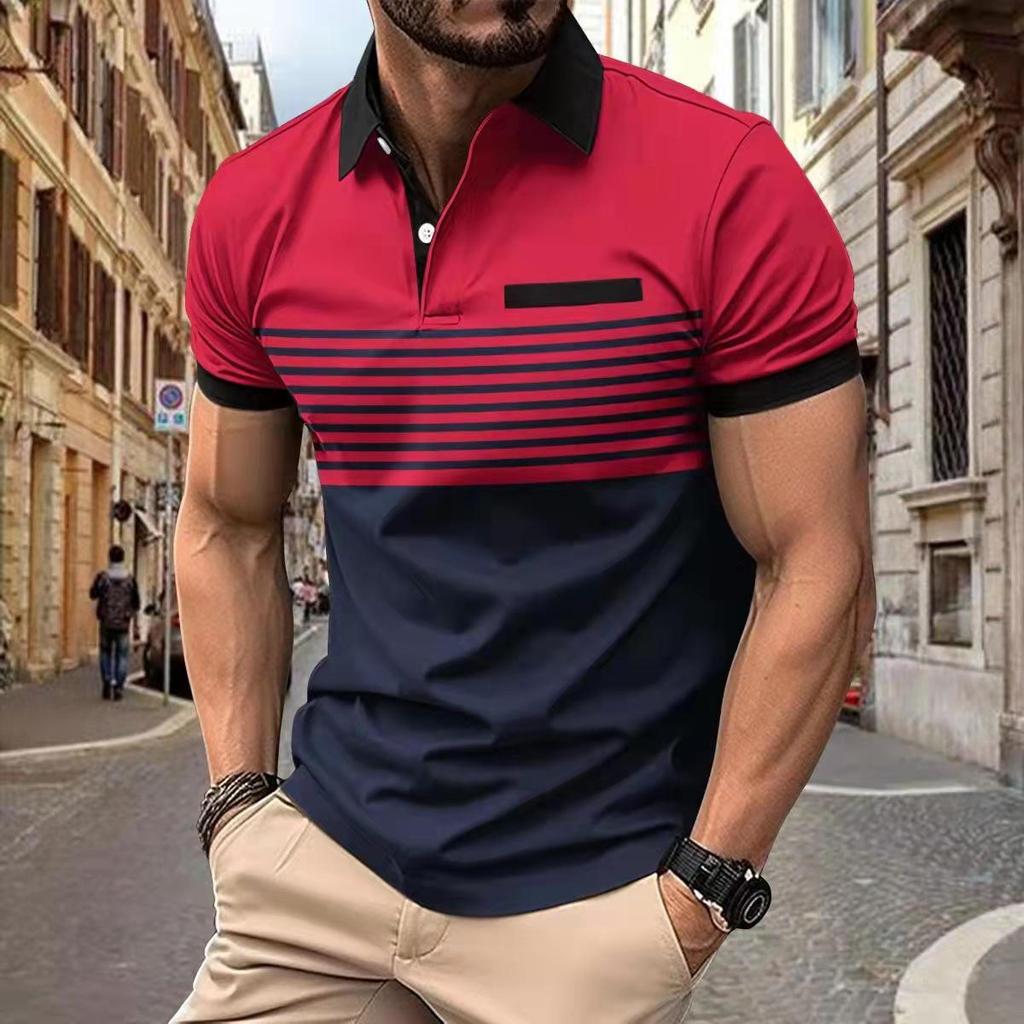 2024 Men's Striped Casual Polo Shirt with Button Lapel and Short Sleeves