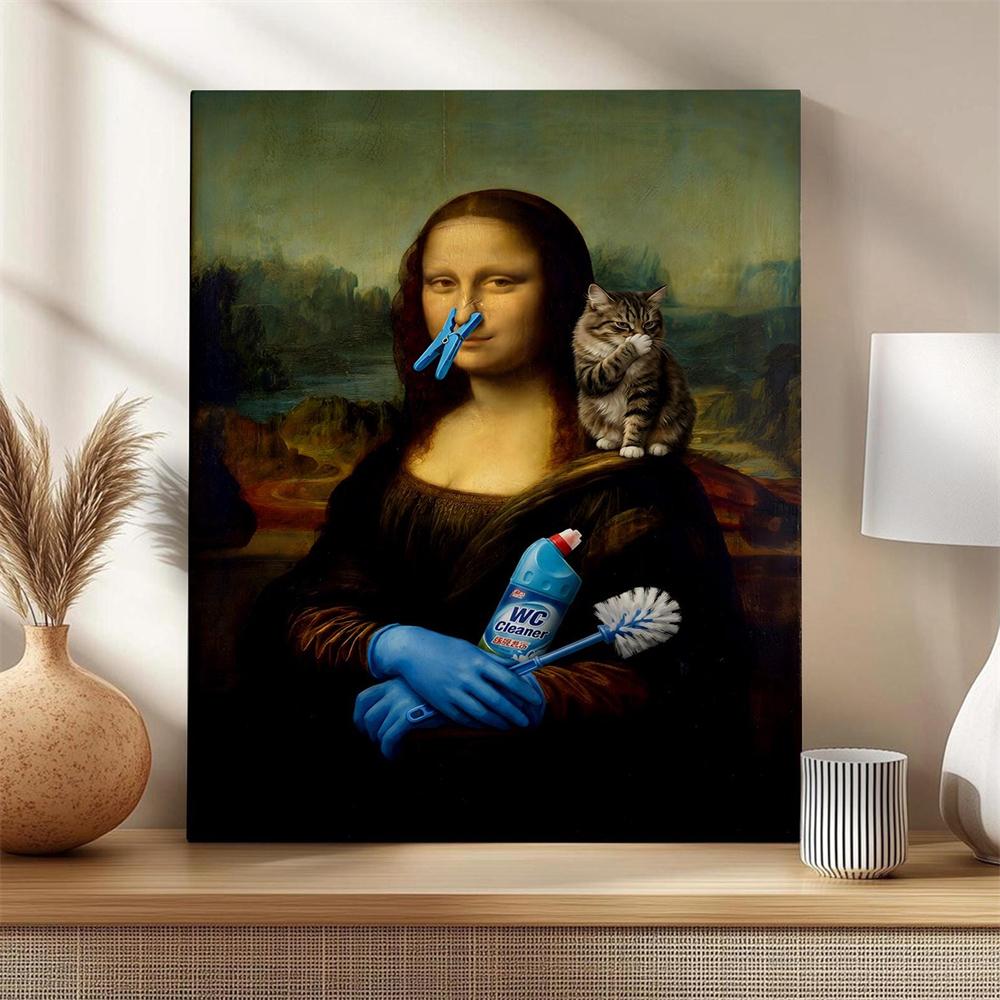 Funny Mona Lisa Canvas Wall Art Poster Gallery Mona Lisa Portrait Print Vintage Bathroom Wall Art Toilet Powder Room Decor