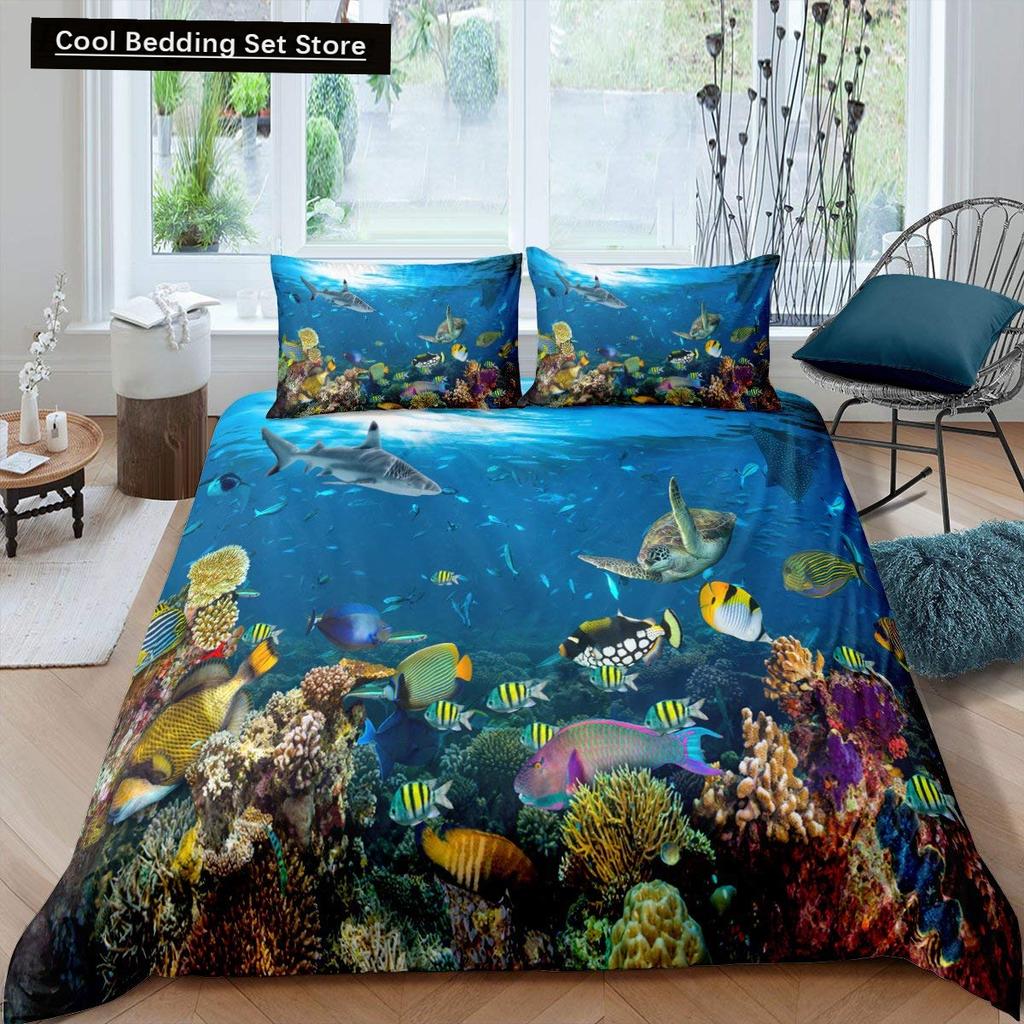 Kid Underwater World Oasis King Queen Duvet Cover Ocean Fish Coral Bedding Set Marine Life Quilt Cover Polyester Comforter Cover