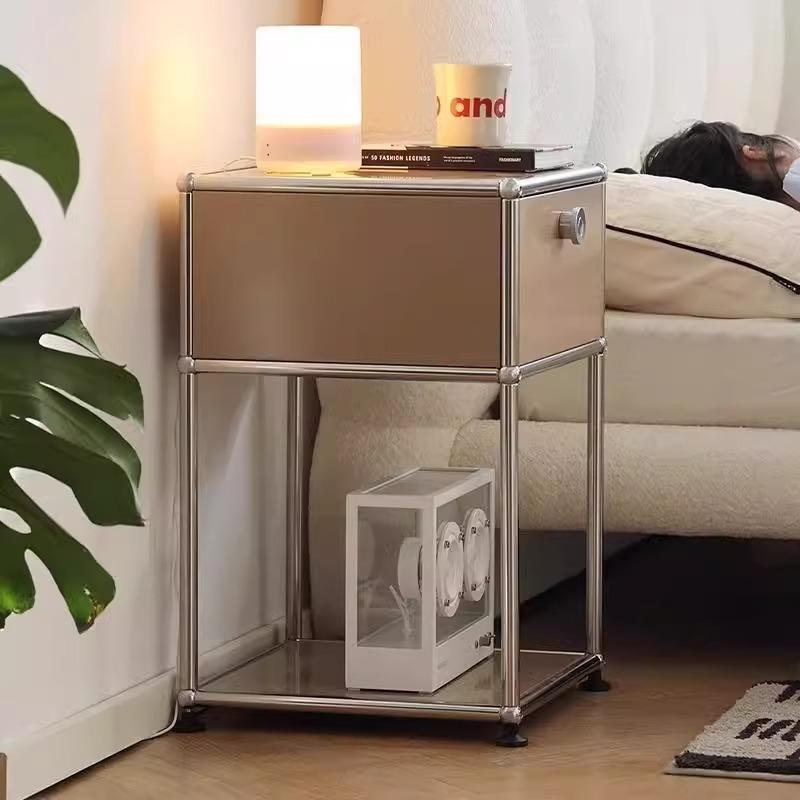 Nordic Nightstands Bedroom Bedside Table Stainless Steel Storage Cabinet with Lock Multifunctional Home Storage Furniture