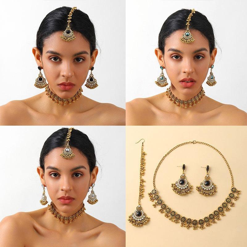 Diamond-encrusted Water Drop Tassel Earrings Hair Chain Necklace Set Ethnic-style Forehead Chain Jewelry