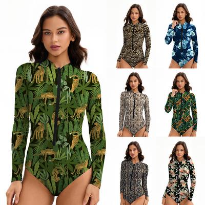 Costume da Bagno Intero Stampato da Donna a Manica Lunga Protezione Solare Sexy Aderente Tuta da Surf Tuta da Sub Acqua Costume da Bagno