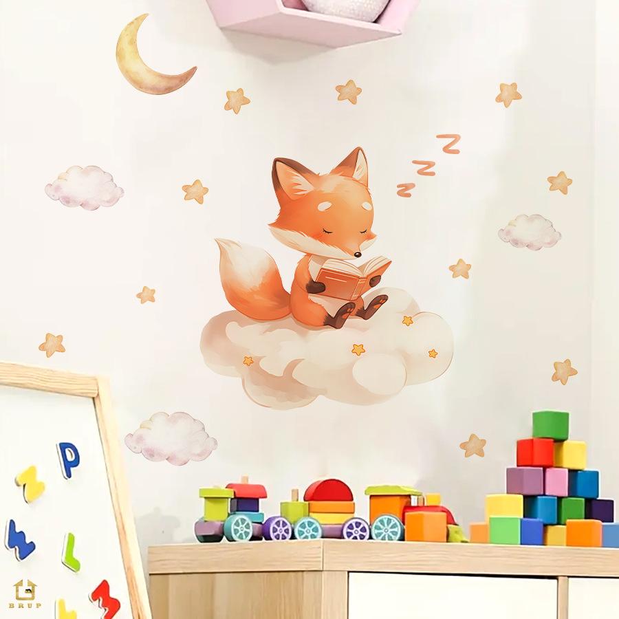 Little Fox Telling Bedtime Story Under Stars and Moon Wall Stickers, Self-Adhesive Fairy Tale Decor for Kids Room Nursery Decoration