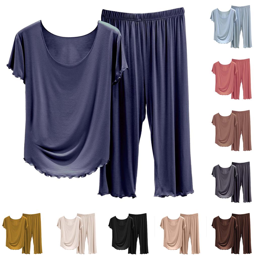 Modă Femei Culoare Solidă Pijamale de Casă Mânecă Scurtă Pantaloni Șapte Set Margine Ureche Lemn