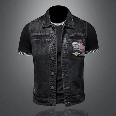Punková velká džínová vesta na motorku Pánská vesta Osobnost Vintage Black Denim Patch