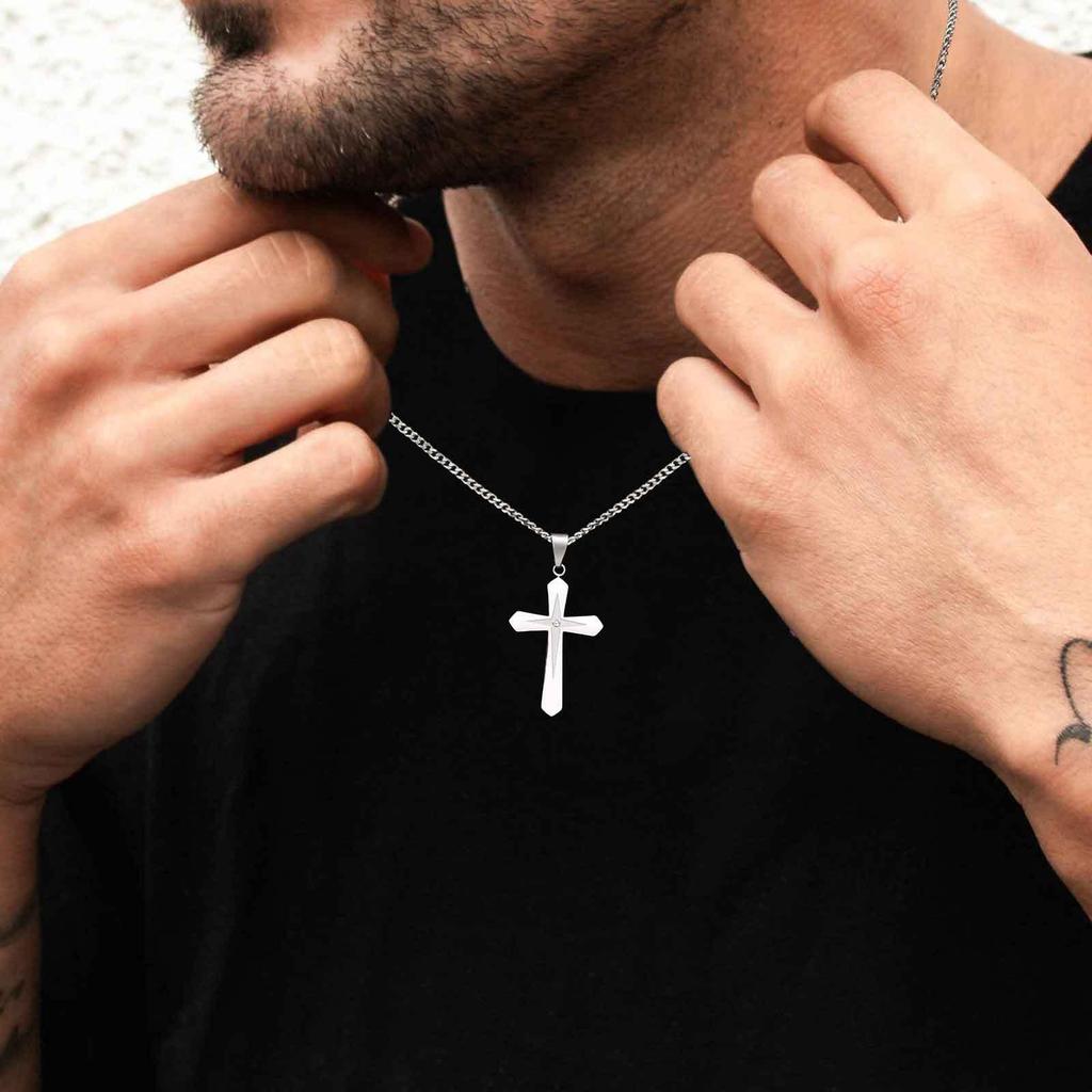 Vnox Stainless Steel Four-Pointed Star Cross Necklace with Diamonds, 27.5x45.6mm Pendant Link Chain, Durable Men's Jewelry Gifts