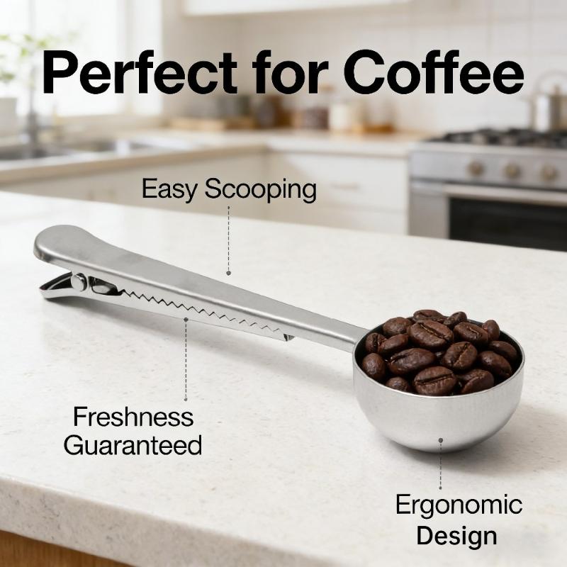 Colher Dosadora Multifuncional de Aço Inoxidável para Café com Clipe para Saco, Colher Seladora para Chá Café, Gadget e Acessórios de Cozinha