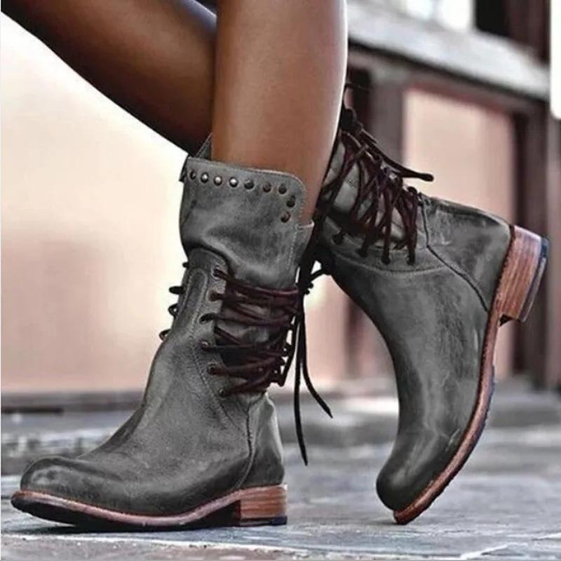 Retro Women's Boots Western Cowboy Boots for Women Mid-length Heel Womens Motorcycle Boots Rome Ladies Pu Leather Shoes Botines