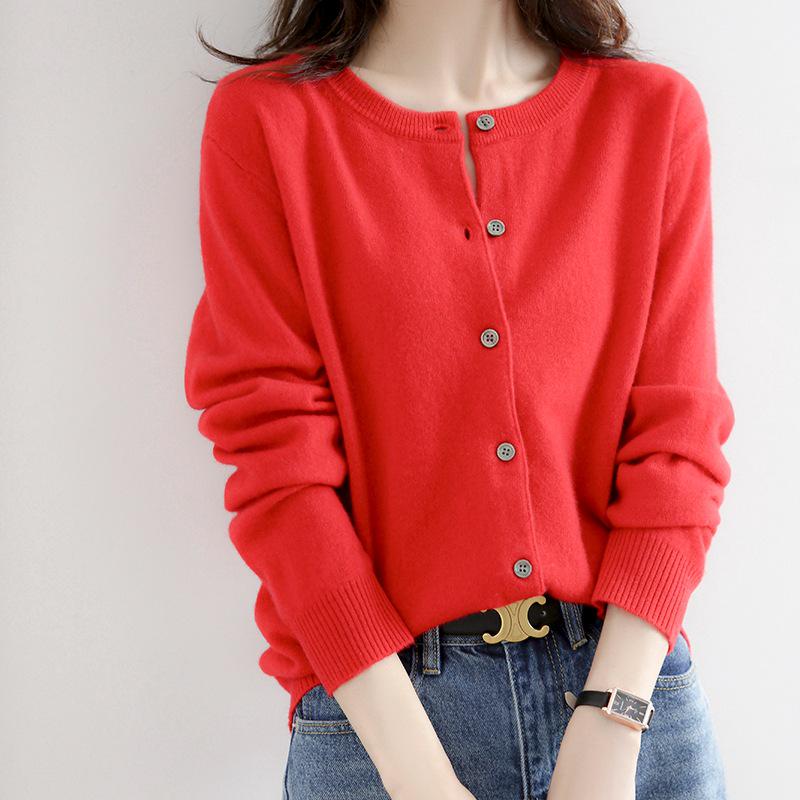 2023 Autumn/Winter Women's Korean-Style Camel Cardigan, Round Neck, Single-Breasted Knit Sweater.