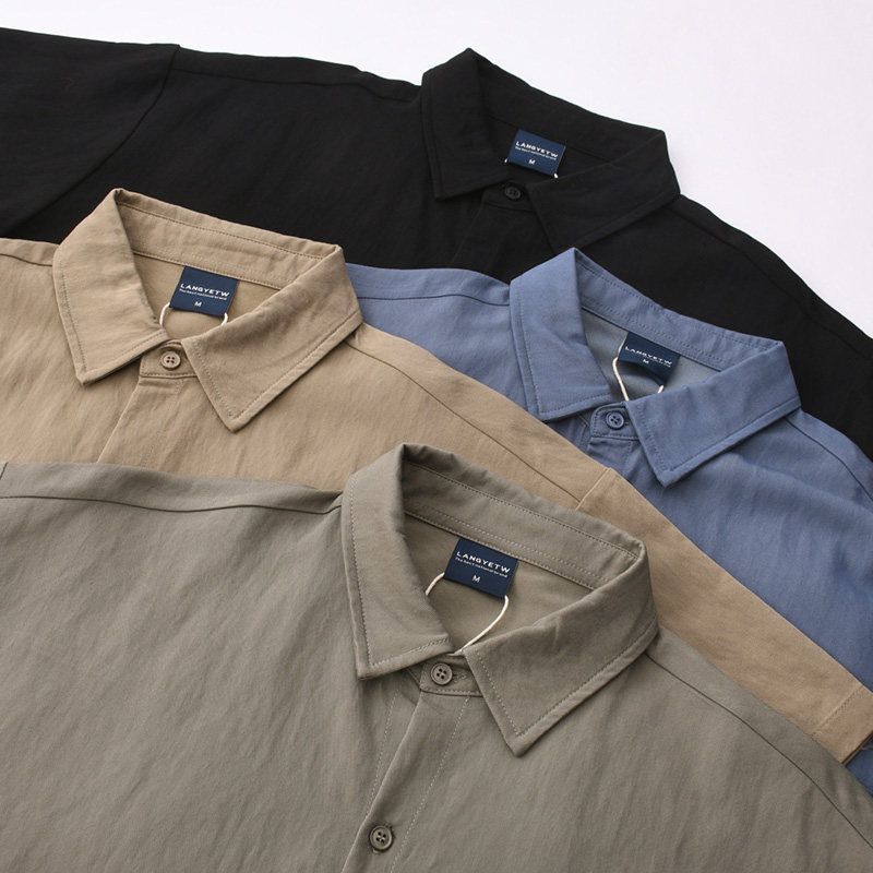 Original Foreign Trade Surplus Ice Silk Cool-Touch Summer Men's Retro Casual Turn-Down Collar Solid Color Short-Sleeve Shirt