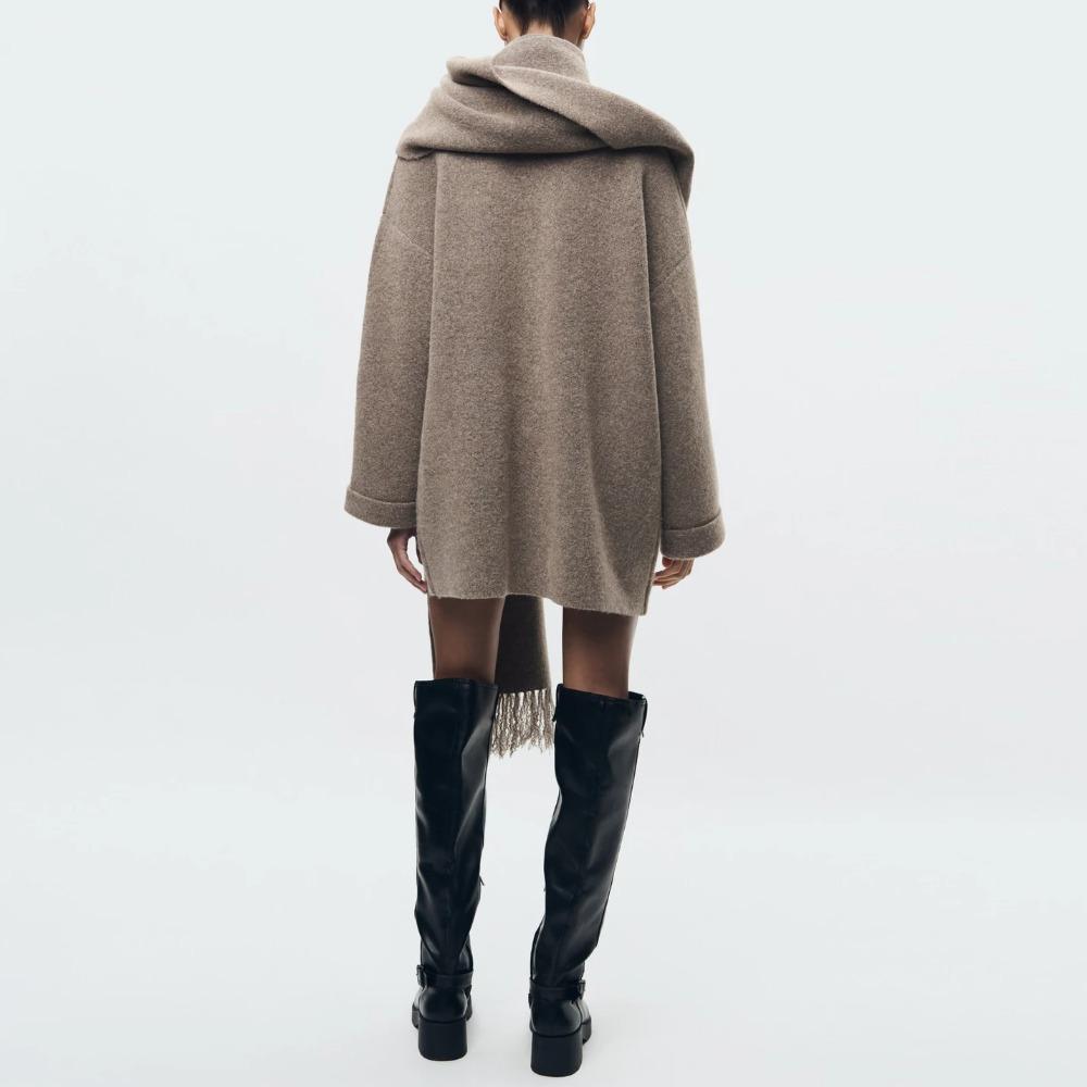 Women's Knitted Cardigan with Scarf Slim Casual Jacket Long Sleeve Patchwork Pocket Jacket Elegant Office Women's Sweater