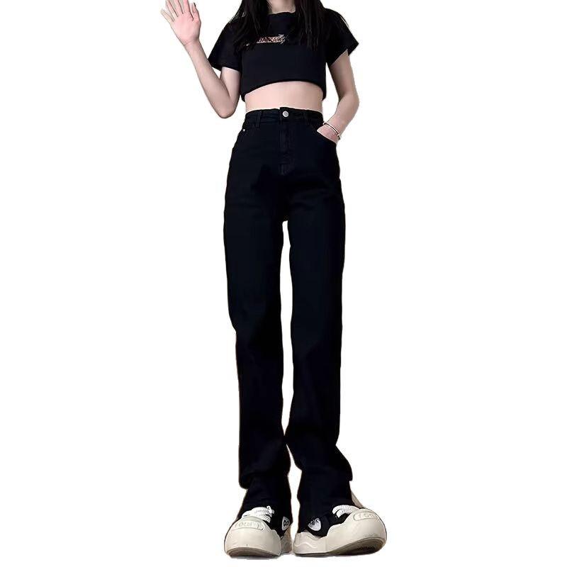 Women's American Vibe Black Straight-Leg Jeans - Micro Flare, Versatile, Casual, High-Street Spring Trend.