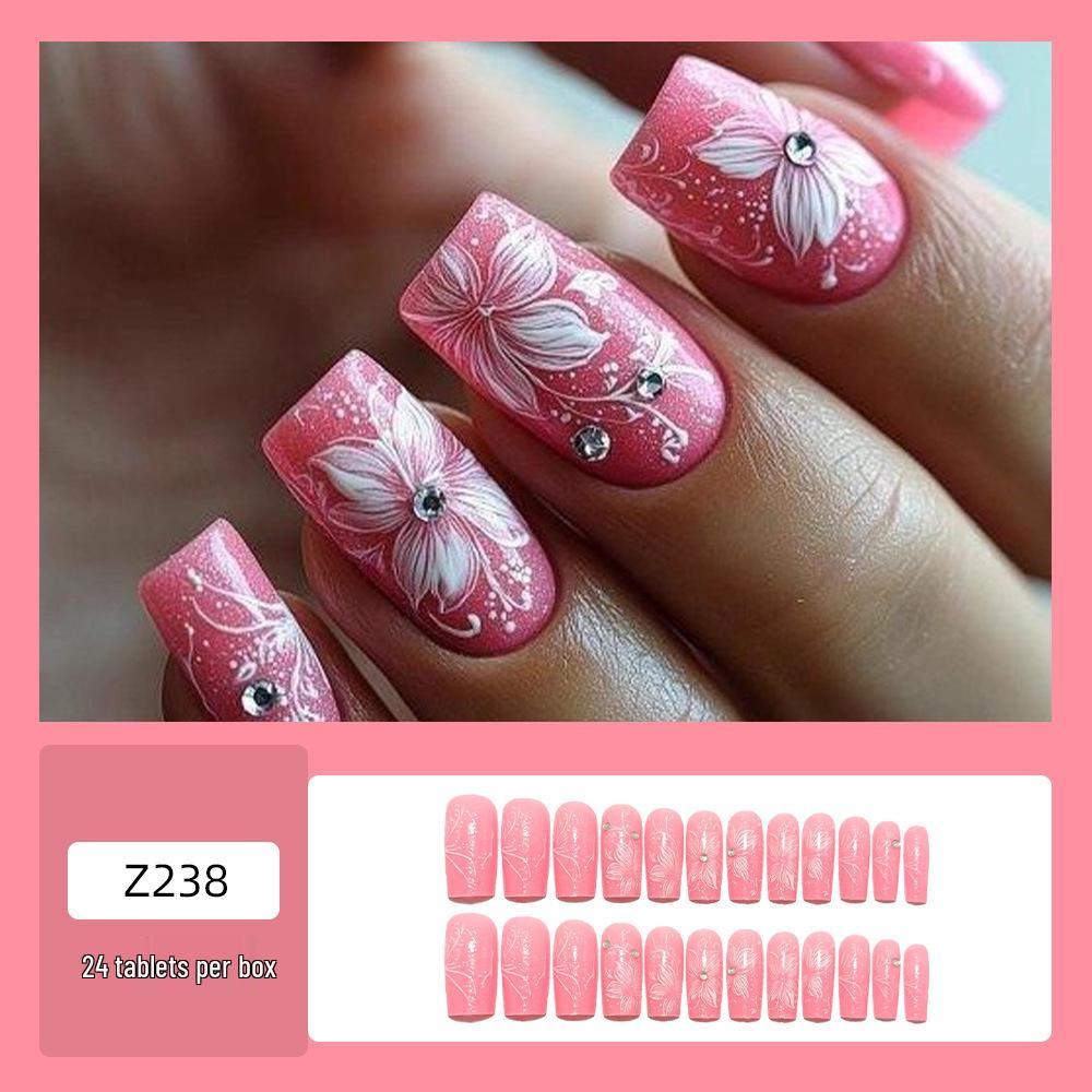 Summer Sweet Rhinestone Floral False Nails - Detachable, Girly, European & American Style