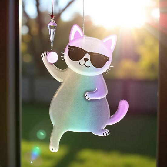 6 Pcs Cat Sun Catcher 2D Flat Acrylic Kitten Pendant Cats Wearing Sunglasses