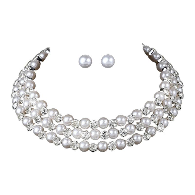 Imitation Pearl Necklace Earrings Bridal Wedding Pearl Rhinestone Neck Chain Stud Earrings Set Jewelry Women