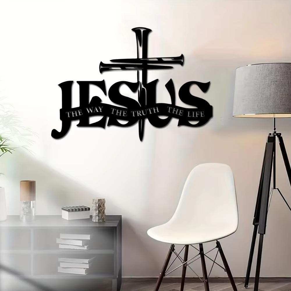 Enkelbitad Metall Jesus Väggkonst Prydnad Horisontellt Orienterad Religiös Symbol med Kors, Sanning Liv Skrift