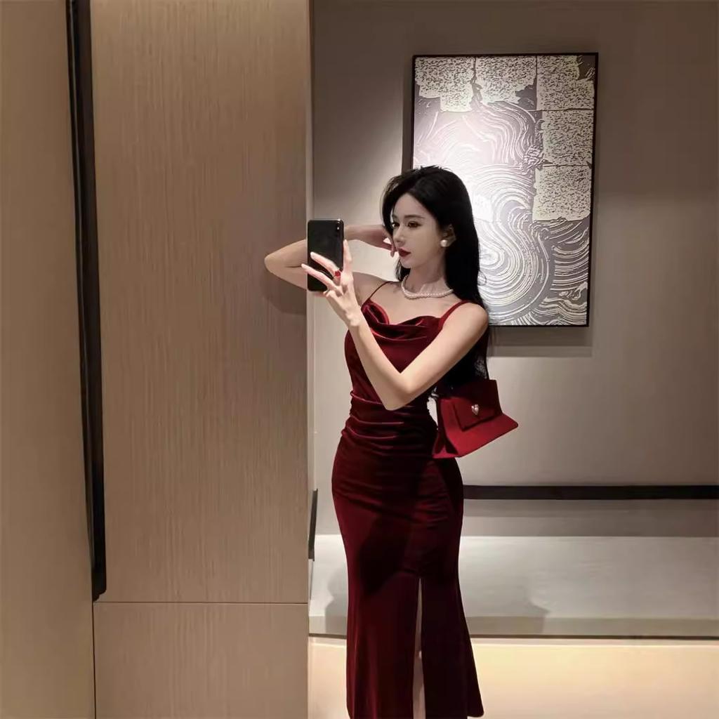 knee length dresses for ladies Velvet Wrap Front Drape Midi Dress – InTheStyle main image 1