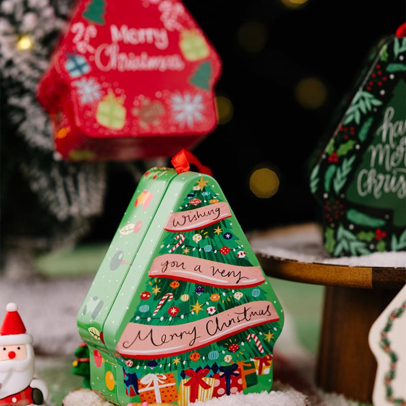Xmas Tree Shape Gift Box Metal Tin Candy Cookie Box Christmas Tree Hanging Ornaments Decoration for Home Kids New Year Gift Noel