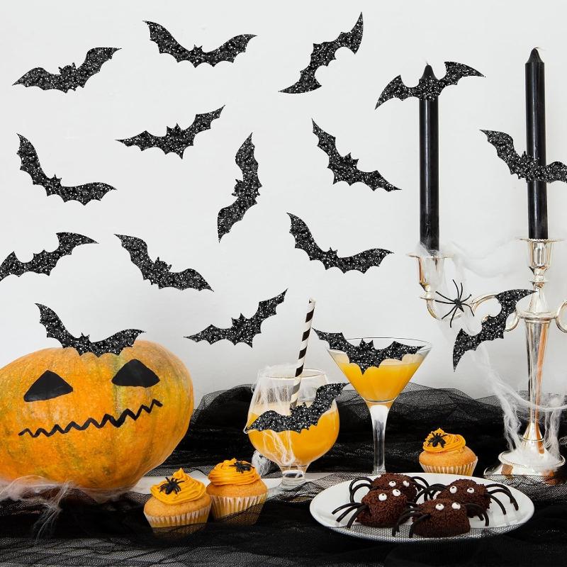 500 Stück/Rolle Laser Schwarz Fledermaus Wasserdicht Glitzer Selbstklebende Aufkleber Halloween Fledermaus Aufkleber Für Party Scrap DIY Zubehör
