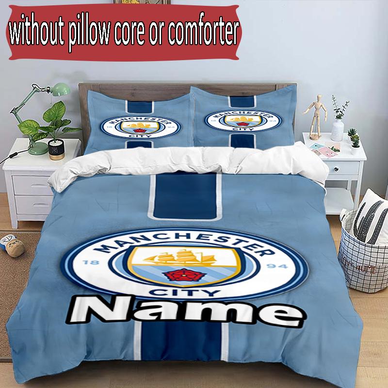 3pcs Duvet Cover Set (1*Duvet Cover + 2*Pillowcase, Without Core), Custom Name Manchester City FC Pattern Bedding Set, Home Bedroom Decor Gift