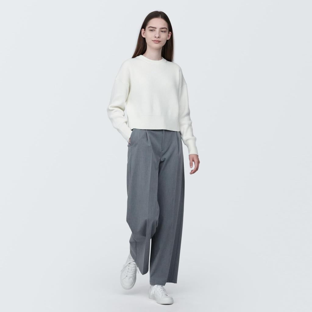MUJI Waschbarer, gerippter, kurzer Pullover mit Rundhalsausschnitt BA1OQA4S Off White XL Damen Damen Damen