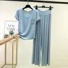 Women's Casual Summer Solid Color Base Layer Set - Round Neck, Short Sleeve, Long Pants