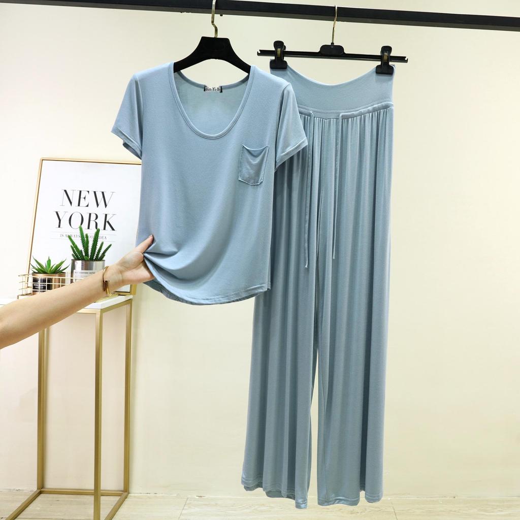 Women's Casual Summer Solid Color Base Layer Set - Round Neck, Short Sleeve, Long Pants