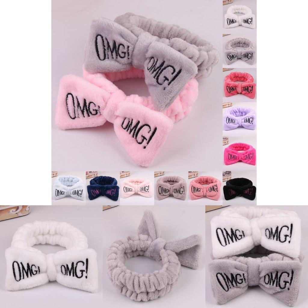 Versatile Candy Color Omg Letters Bow Headband Coral Fleece For Daily Facial Routines