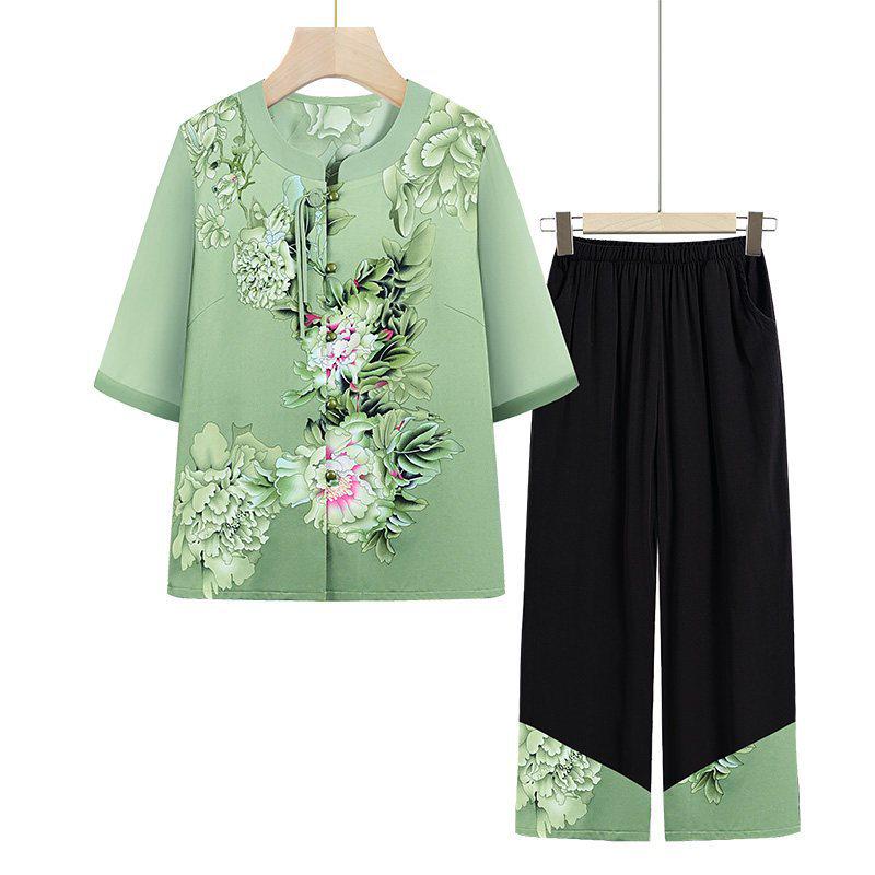 

2026 New Summer Blouse Set for Women: National & Chinese Style, Short-Sleeve Top for Middle-Aged Moms & Grandmas 3XL (for 120-135 jin)