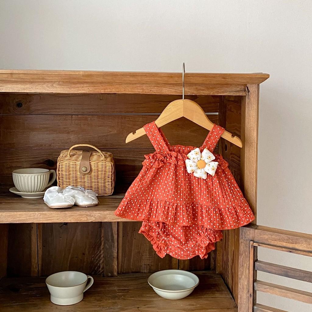 Cute 2024 Summer Infant Girl's Sweet Floral Dot Print Sleeveless Outfit With Shorts