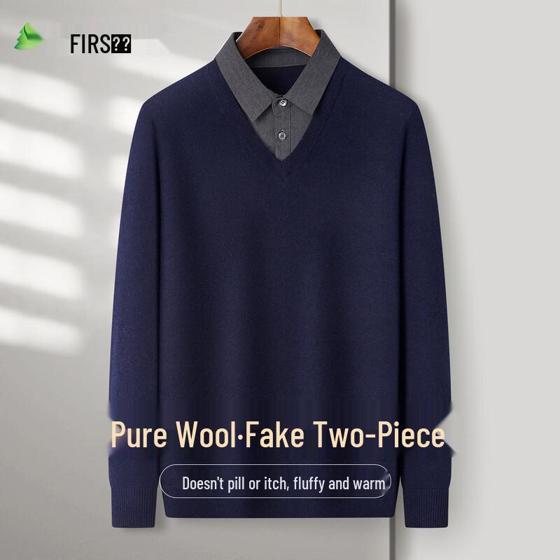 FIRS Men's Faux Two-Piece V-Neck 100% Wool Sweater