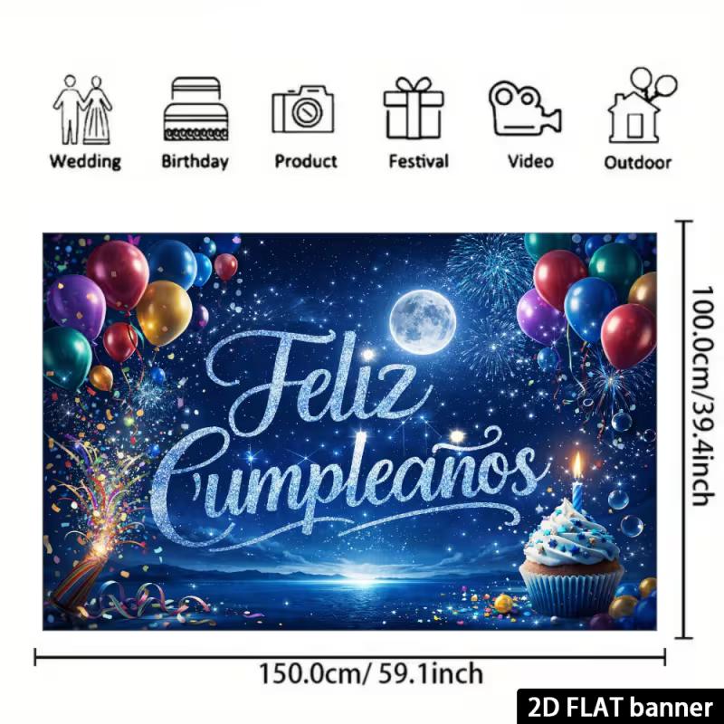 Spanish Birthday Party Tapestry, "Feliz Cumpleaños" with Moonlight Ocean and Cupcake for Fiesta Celebration