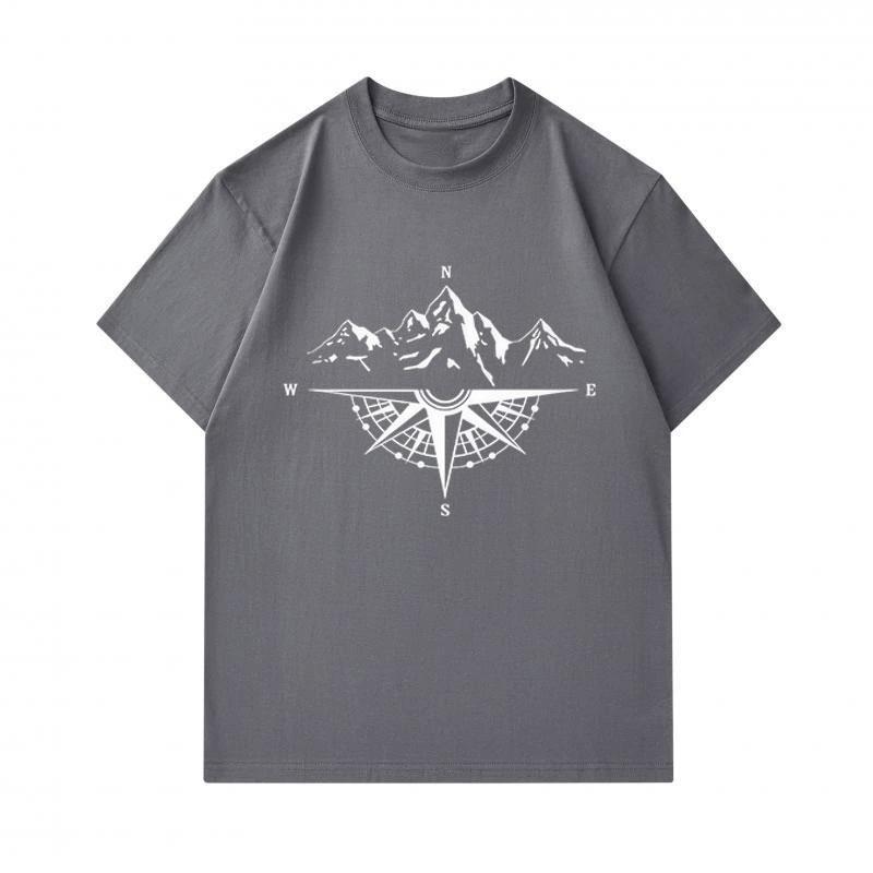 Men's 100% Cotton Crew Neck Short Sleeve T-Shirt, Mountain Compass Navigation Pattern Casual Breathable Tees for Outdoor Hiking Adventure Daily Wear