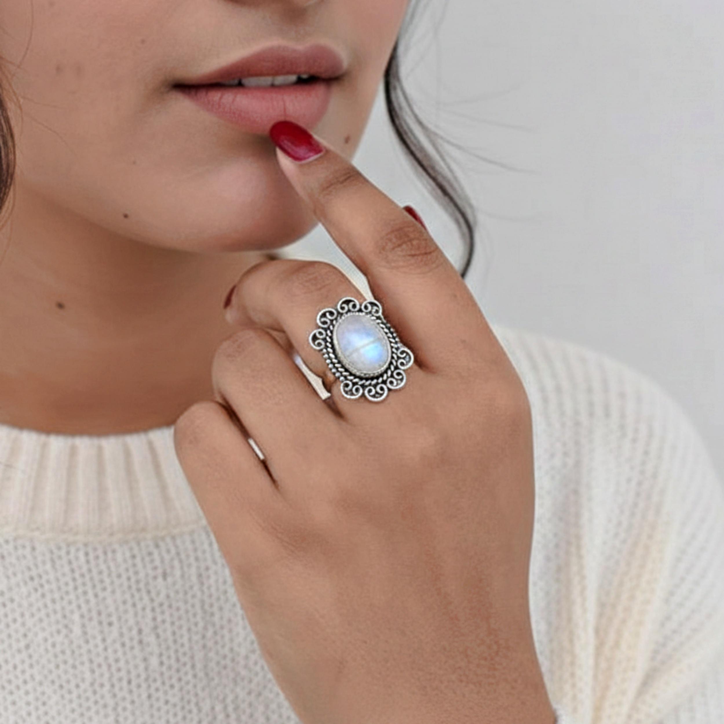 

Rainbow Moonstone Flower Ring, 925 Sterling Silver, Handcrafted Oval Shape Gemstone, Statement Ring for Women 4