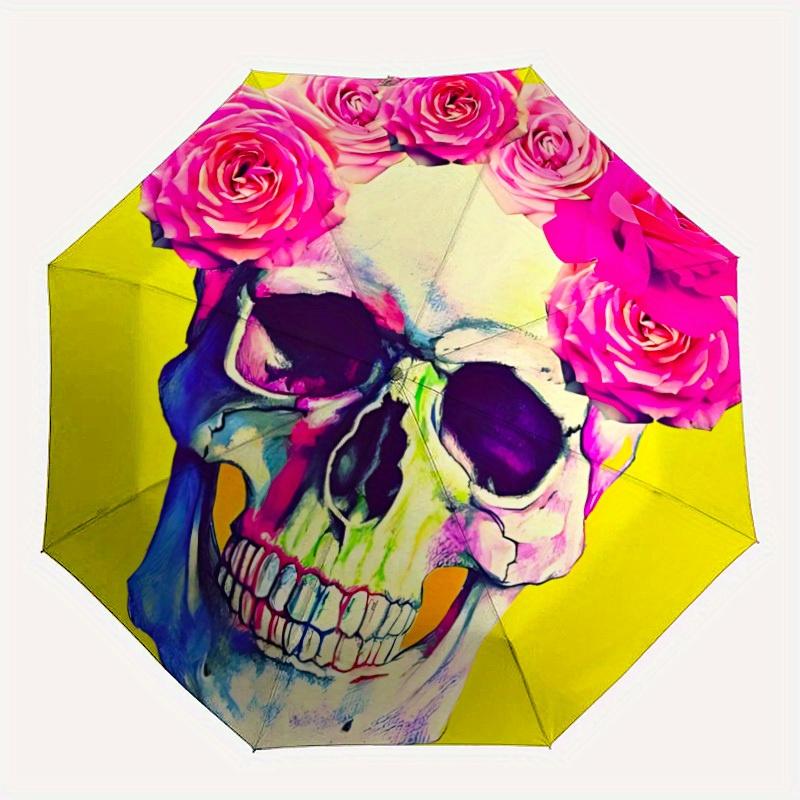 1pc Skull Roses Automatic Opening/closing umbrella, Reinforced 8-Rib Construction, Compact Travel Umbrella yy250808137