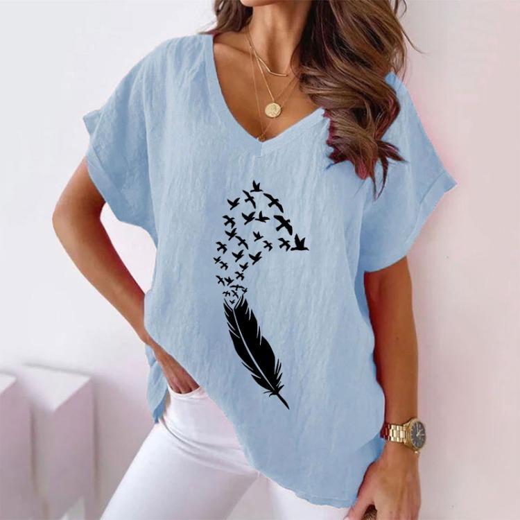 Women's Large Size Summer Casual V-neck Bat Short-sleeved Cotton Hemp Swallow Print T-shirt