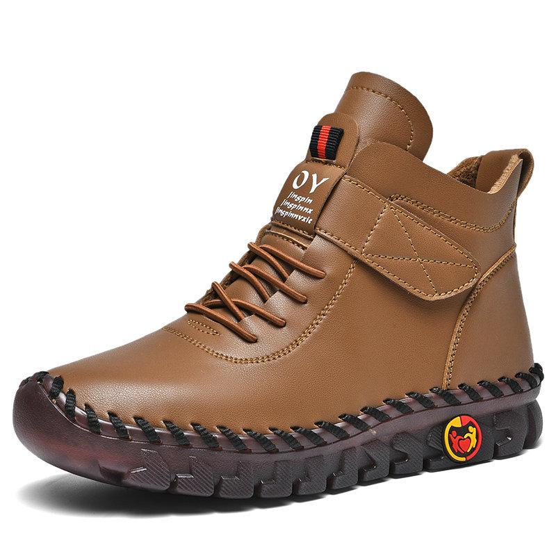 Winter Hand-stitched Women Boots Fur Plus Velvet Warm Platform Ankle Boots Red Leather Boots Women's Anti Slip Mom High Top Boot