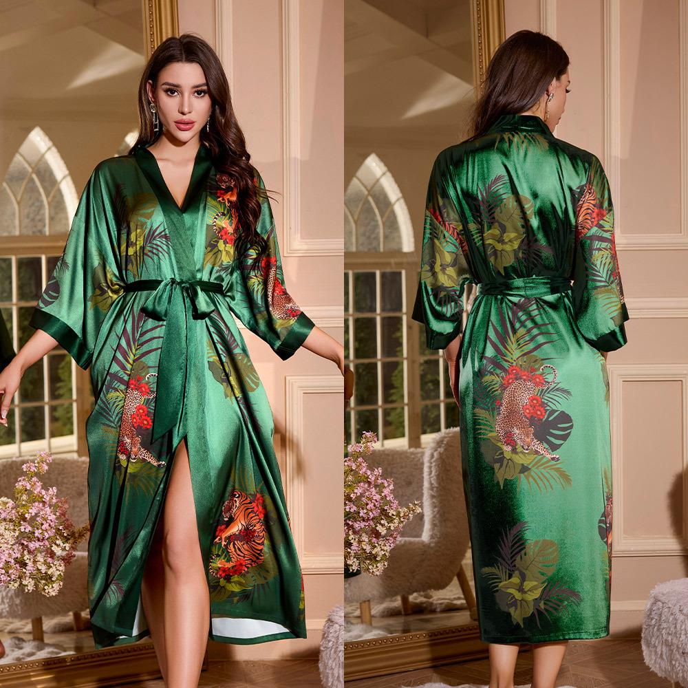 Female Long Robe Loungewear Elegant Chinese Style Kimono Bathrobe Gown Negligee New Silky Satin Sleepwear Nightgown Loose Pajama