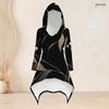 Women Plus Size Black Gold Printed Hooded Long Sleeve High Low Top Fitted Pants Two Piece Set