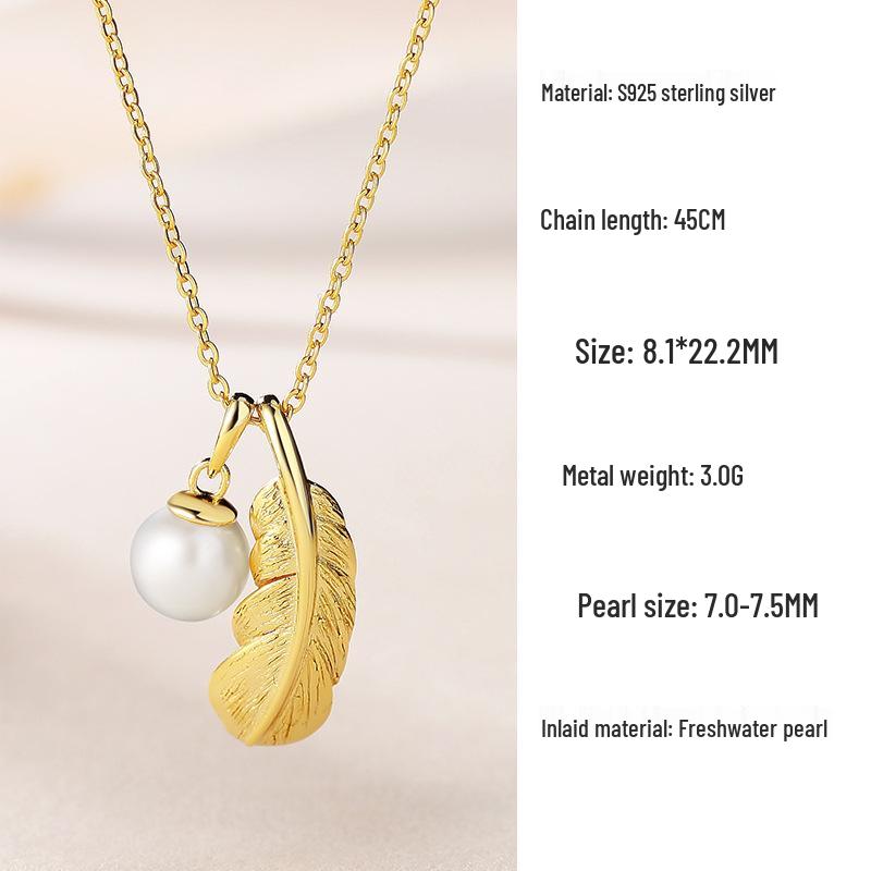 S925 Sterling Silver Feather and Freshwater Pearl Necklace - Japanese Korean Clavicle Chain Style 925 Silver