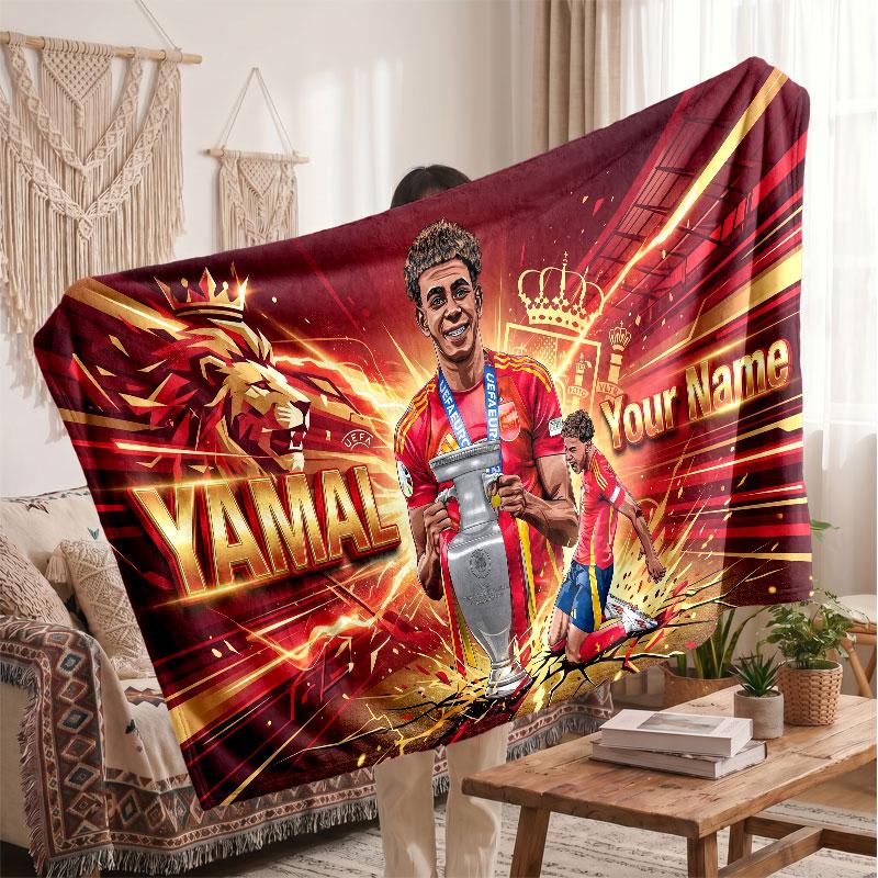 Coperta in pile personalizzata Lamine Yamal con logo del calcio, testo con nome personalizzato, morbida, calda, coperta da divano per la casa