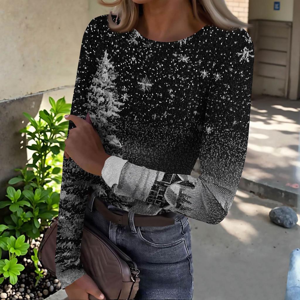 Women's  Slim Bottom T-shirt Fashion Casual Gradient Printing Round Neck Pullover Long Sleeve Top