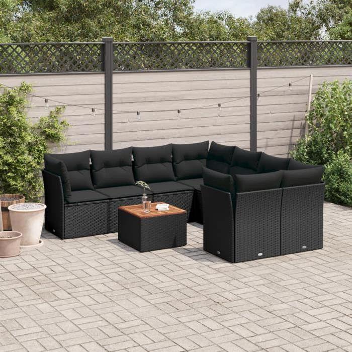 VidaXL Salon de jardin 9 pcs avec coussins noir résine tressée 3223528