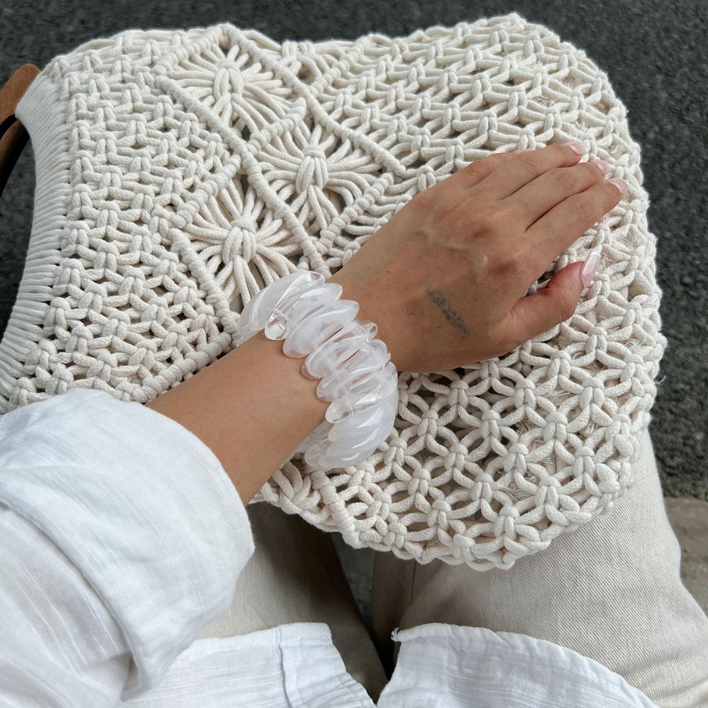 Bohemian Acrylic Bangle Wide Rectangle Elastic Rope Bracelet Retro Hand Ring  Lady Girls