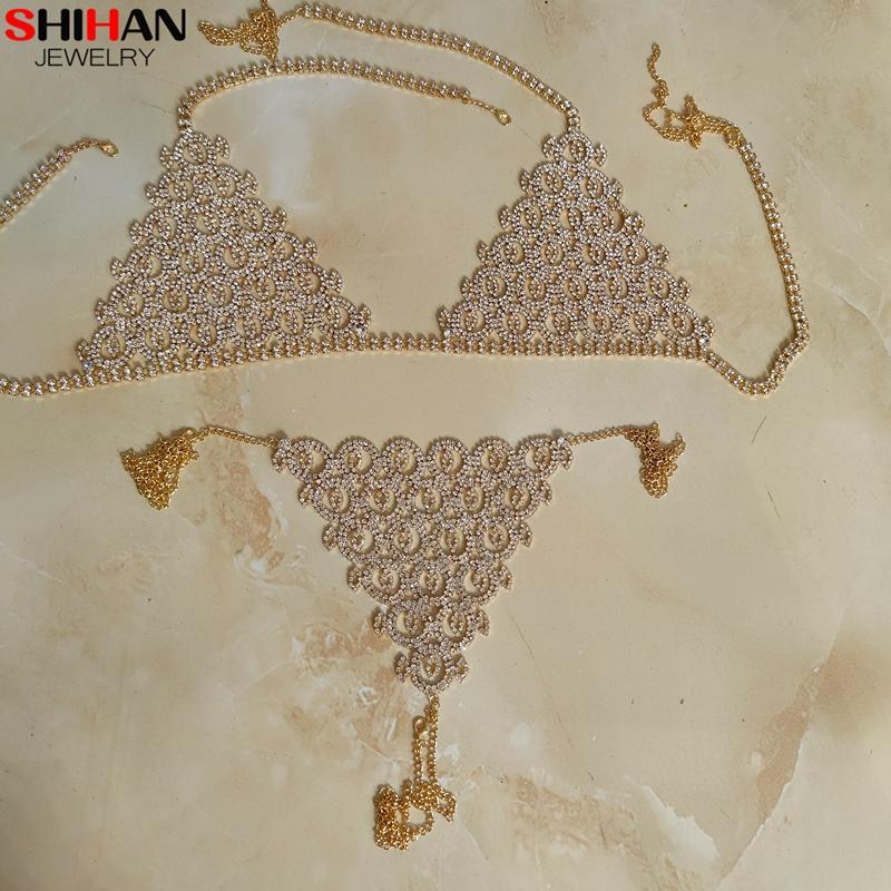 Rhinestone Bra Body Chain Jewelry Set Crystal Body Bra and Thong Waist Chain Set