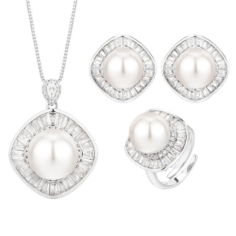 Jewelry Copper Bottom Gold-Plated Inlaid White Pearl Square Set Women 16-12Mm