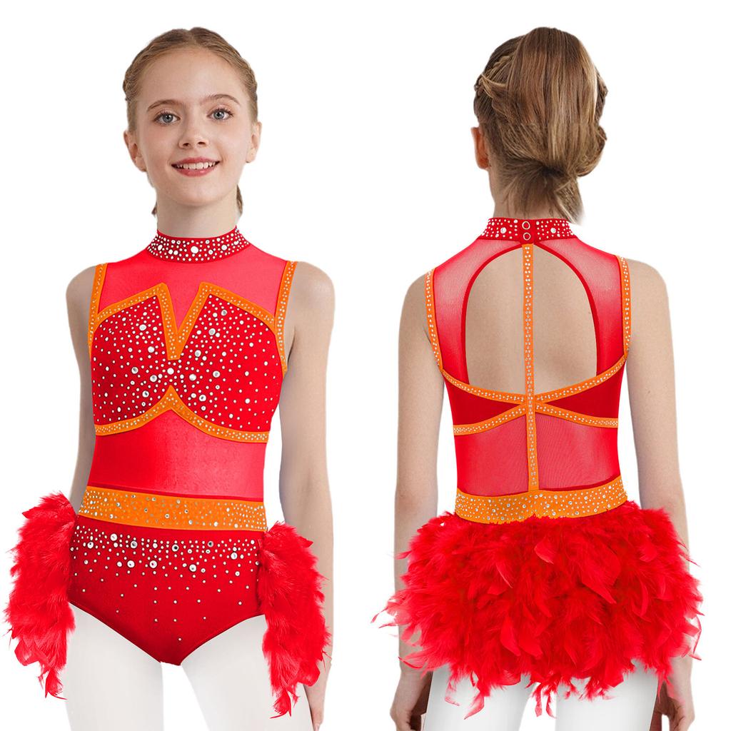 Girls Jazz Latin Dance Costume Shiny Rhinestones Color Block Leotard with Feather Skirt Sleeveless Cutout Back