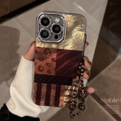 High-end for IPhone 16 Phone Case for IPhone 17 for 15 Pronax Stitching Leopard Bracelet 13 Glitter Powder Retro