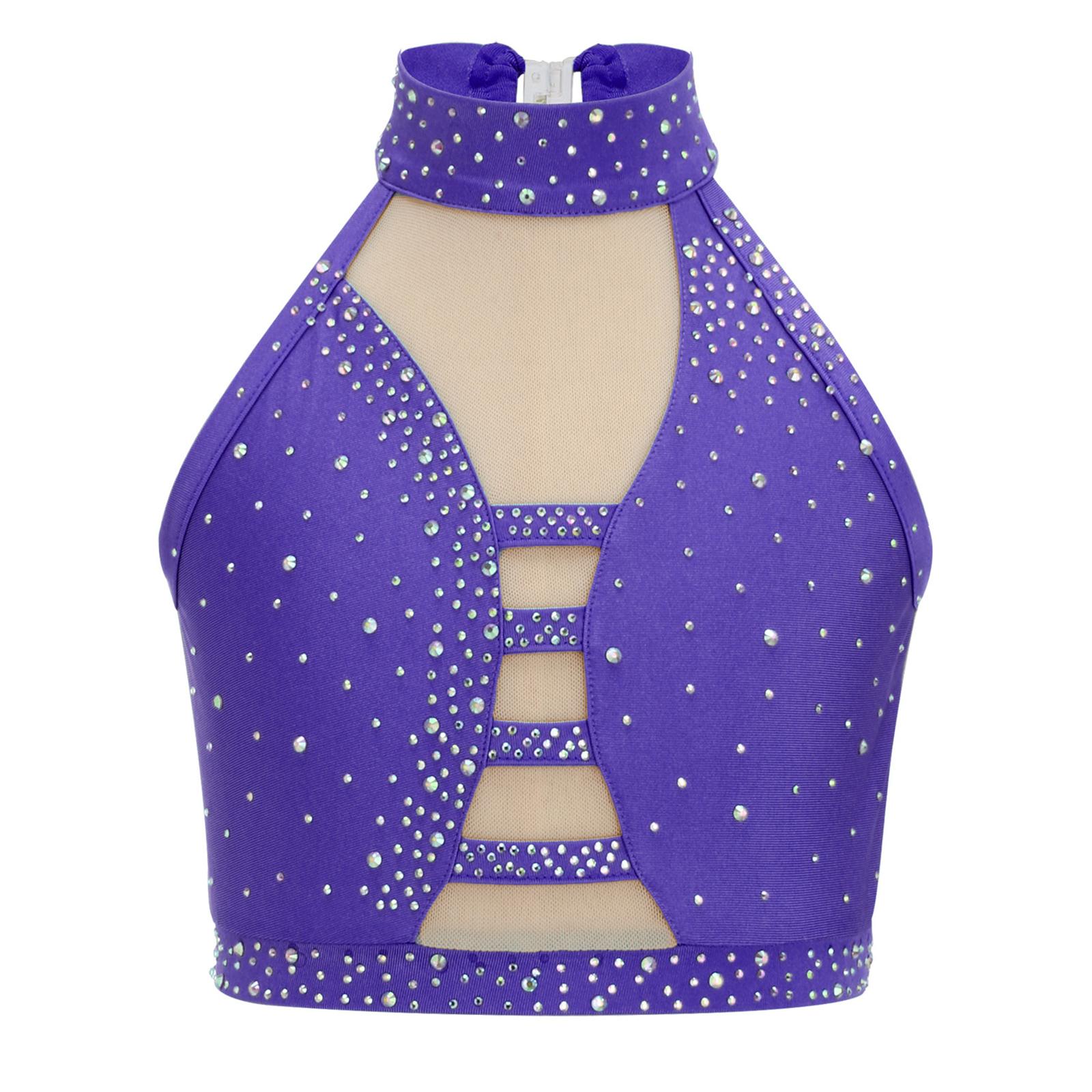

Girls Latin Dance Crop Top Halter Sleeveless Crisscross Back Mesh Patchwork Sparkling Rhinestones Vest 5-6 Years фіолетовий